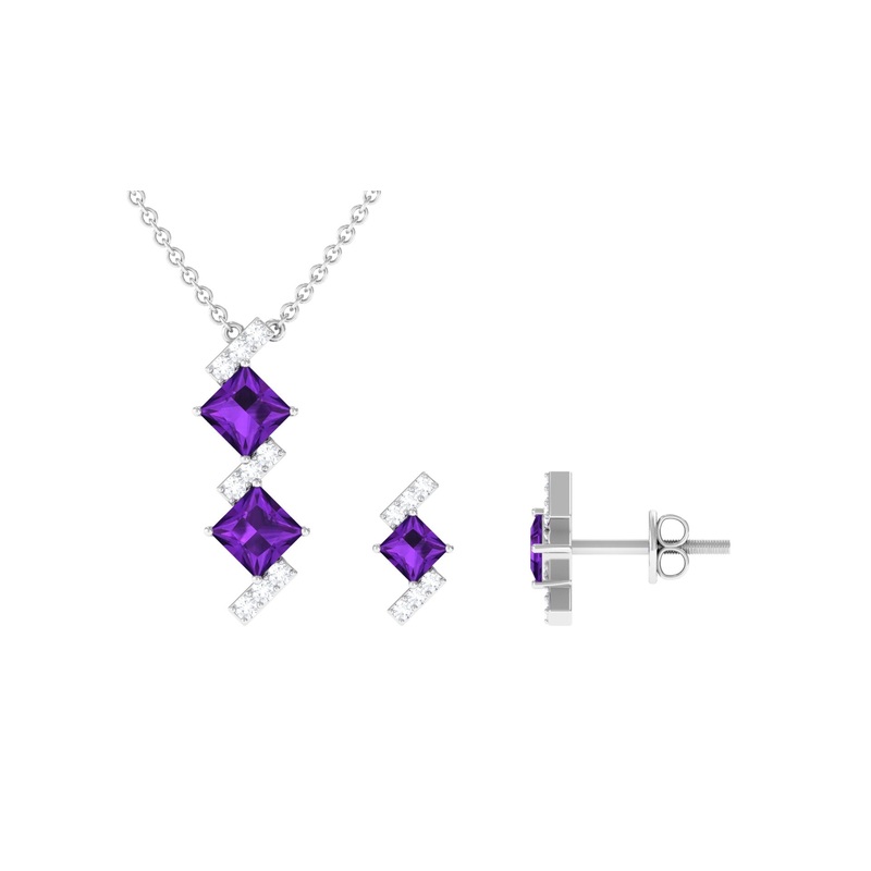 Princess Cut Amethyst Modern Jewelry Set with Diamond