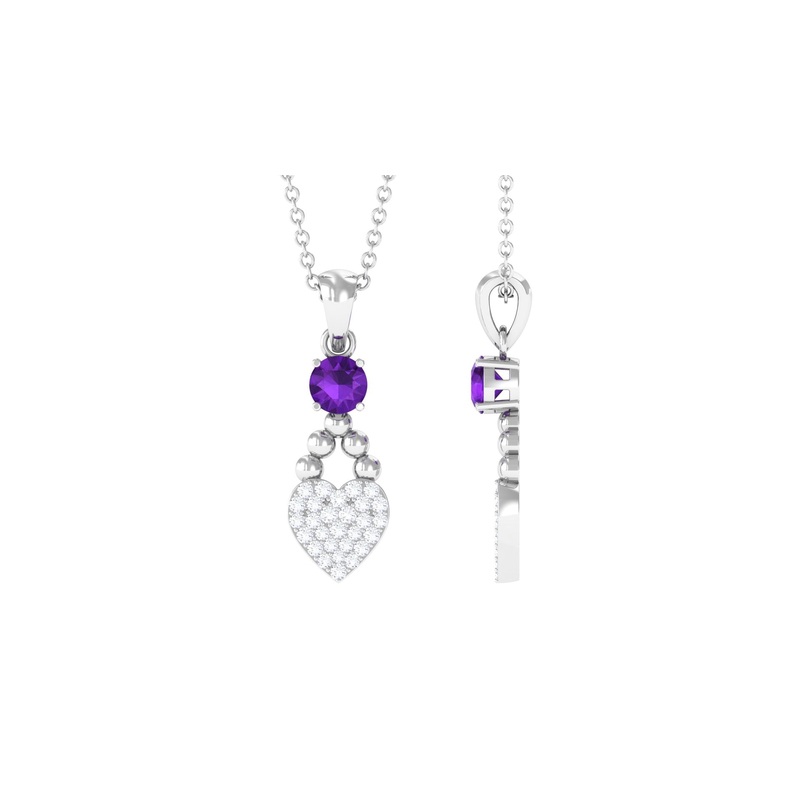 Round Shape Amethyst and Diamond Heart Pendant