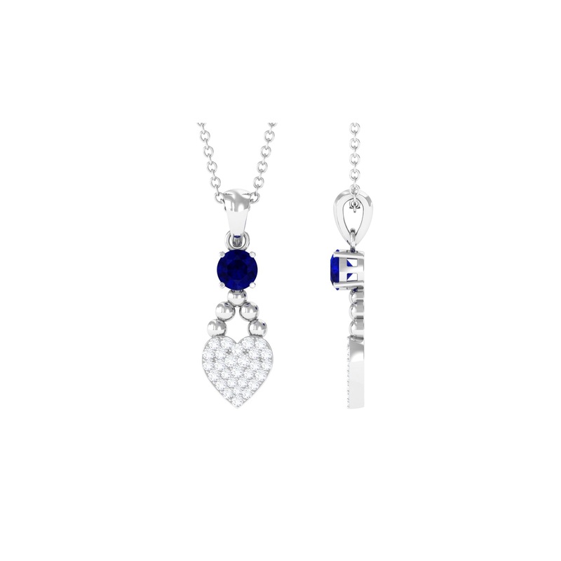 Round Shape Blue Sapphire and Diamond Heart Pendant