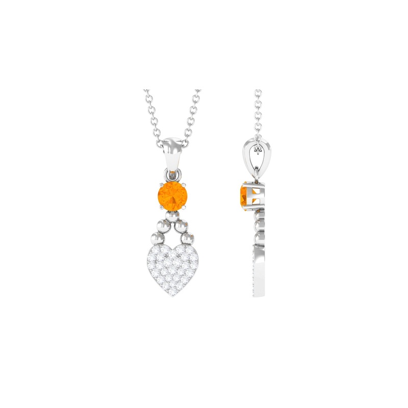 Round Shape Fire Opal and Diamond Heart Pendant