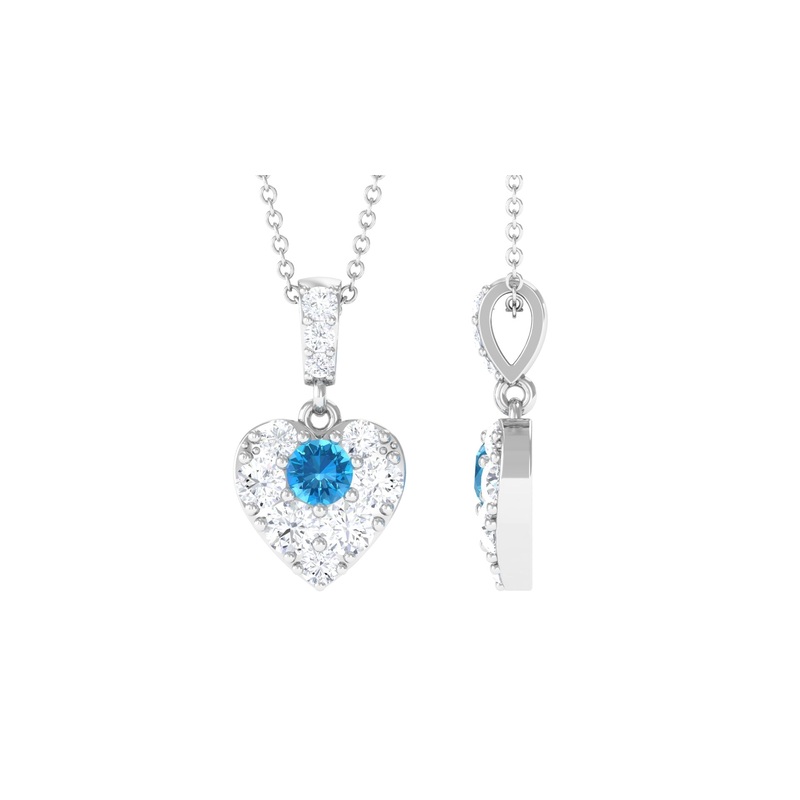 Round Swiss Blue Topaz and Moissanite Heart Pendant with Decorative Bail
