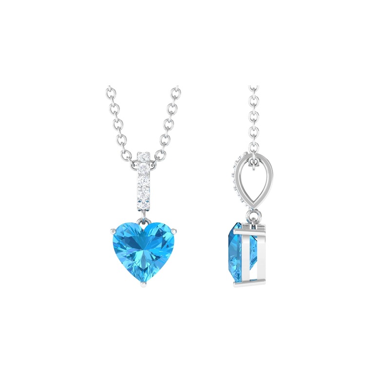 Simple Heart Shape Swiss Blue Topaz Solitaire Pendant with Diamond Accent Bail
