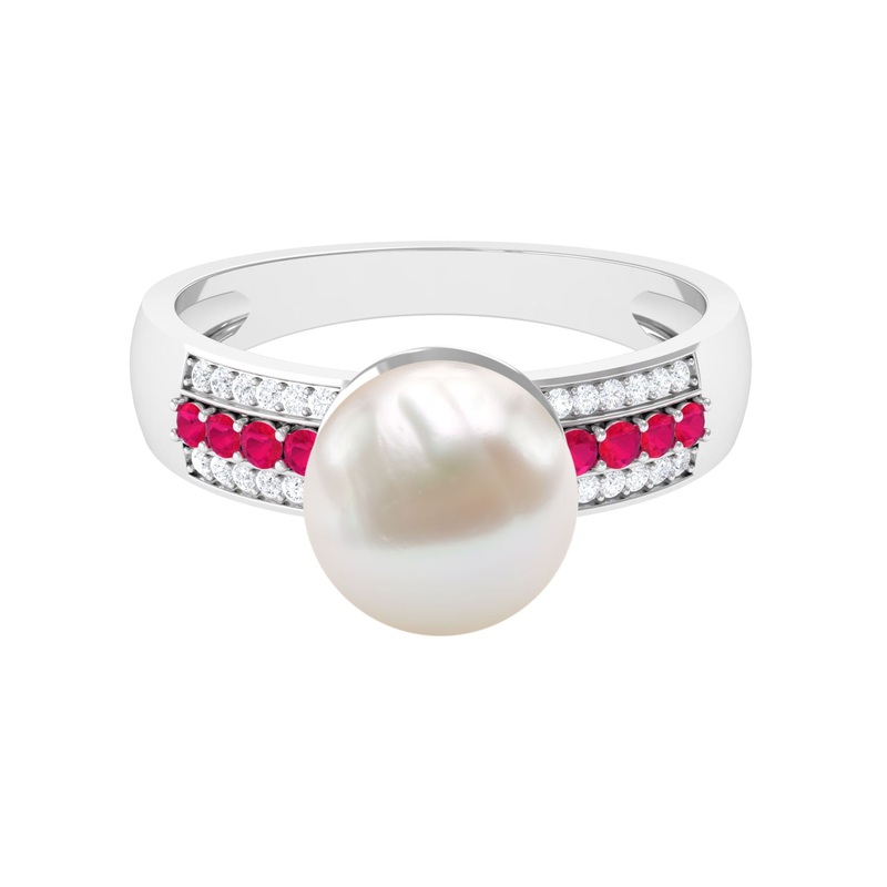Solitaire Freshwater Pearl Engagement Ring with Moissanite and Ruby Side Stones