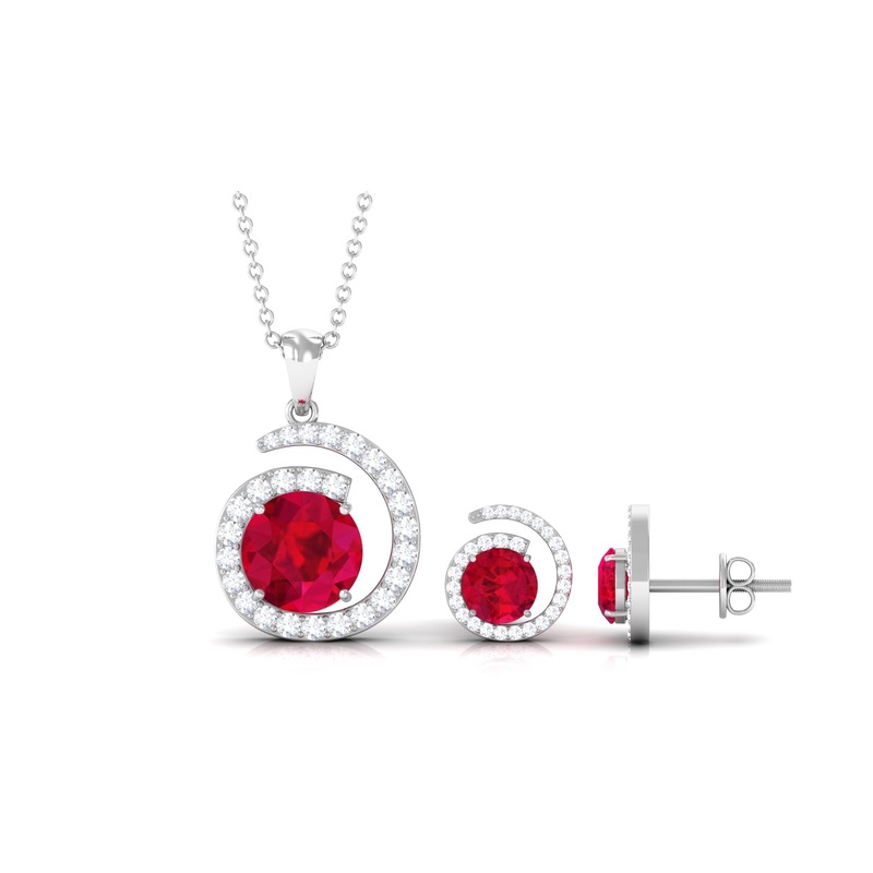 Created Ruby and Moissanite Swirl Pendant and Earrings Set