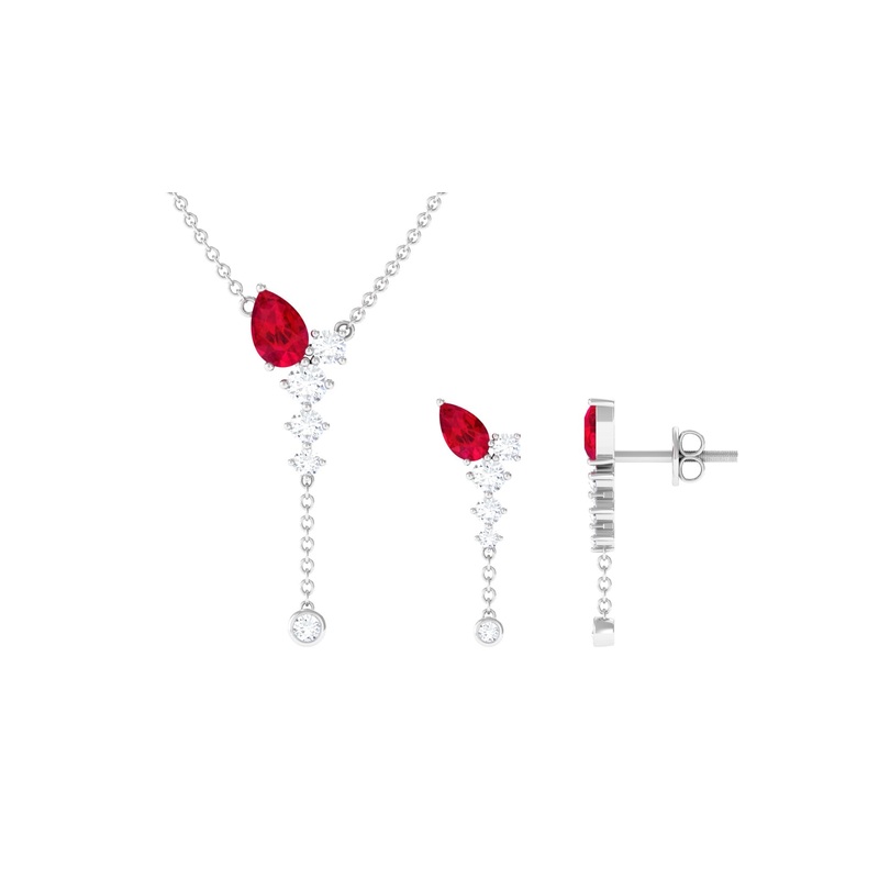 Minimal Created Ruby Dangle Necklace and Earrings Set in Gold with Moissanite