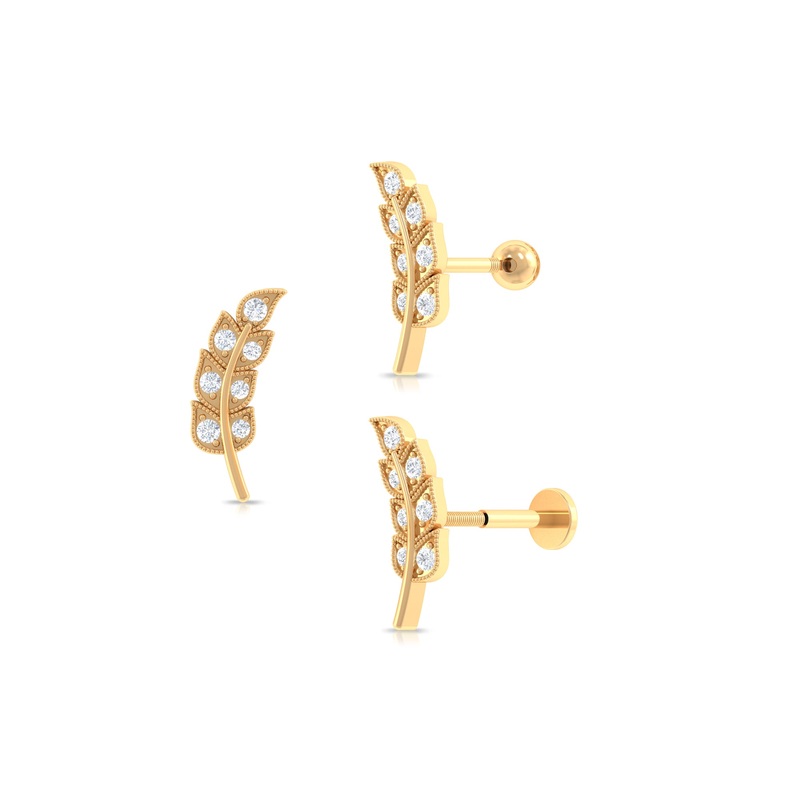 Moissanite Leaf Helix Earring with Gold Beads