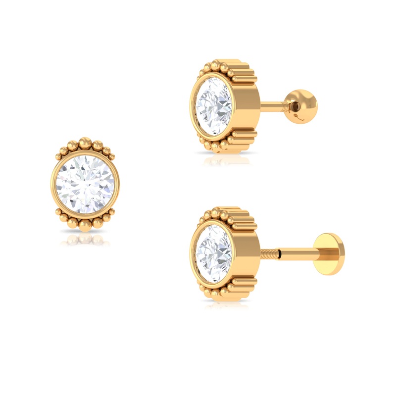 Moissanite Simple Helix Earring in Beaded Bezel Setting