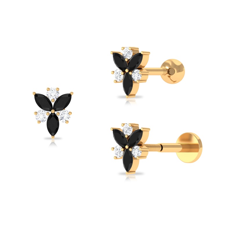 Black Onyx and Moissanite Flower Earring for Helix Piercing