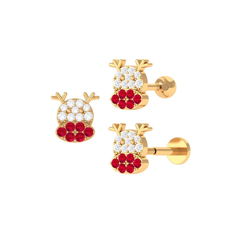 Created Ruby and Moissanite Christmas Reindeer Earring