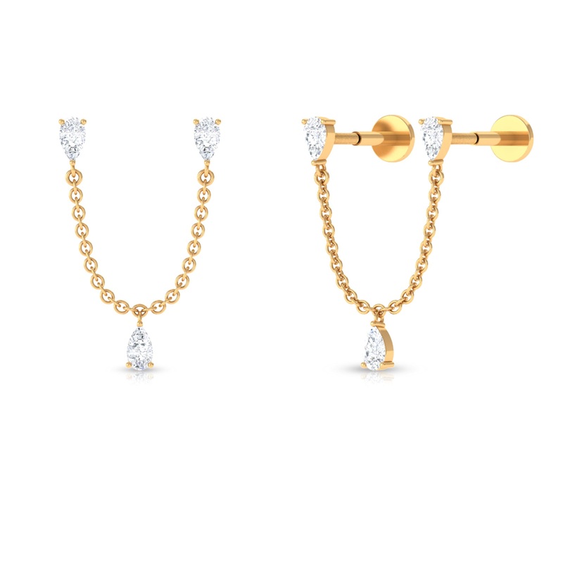 Pear Shape Moissanite Double Piercing Chain Dangle Earring