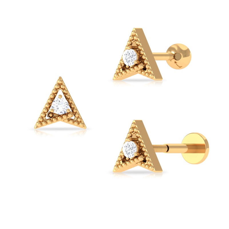 Round Moissanite Gold Beaded Triangle Earring for Helix Piercing