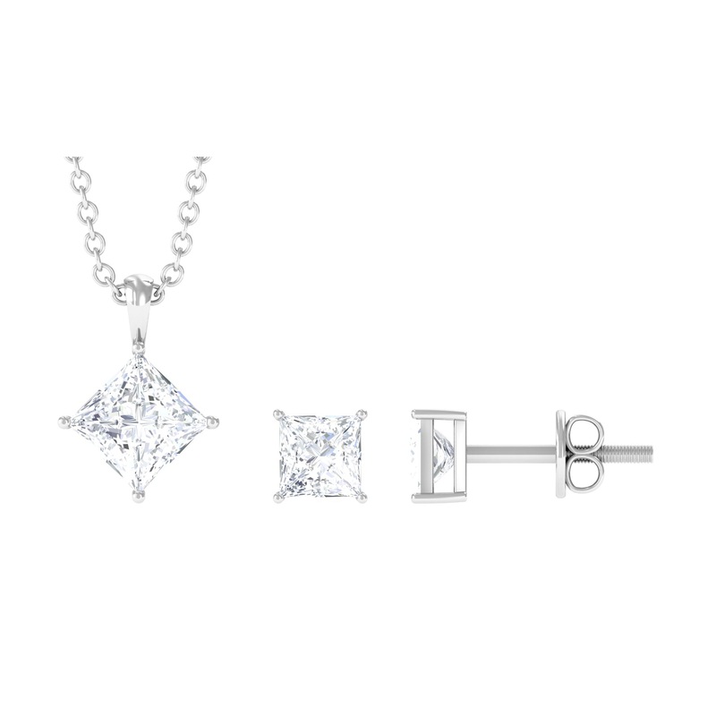 1.75 CT Princess Cut Cubic Zirconia Solitaire Pendant Necklace and Stud Earring Set