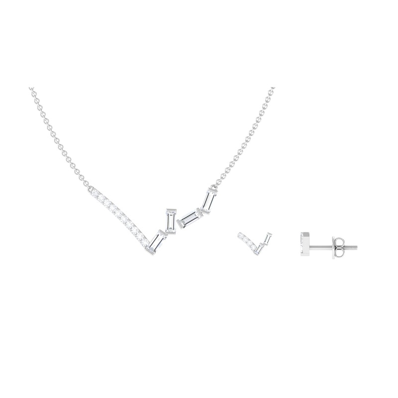 1 CT Certified Baguette and Round Zircon Minimal Chevron Necklace
