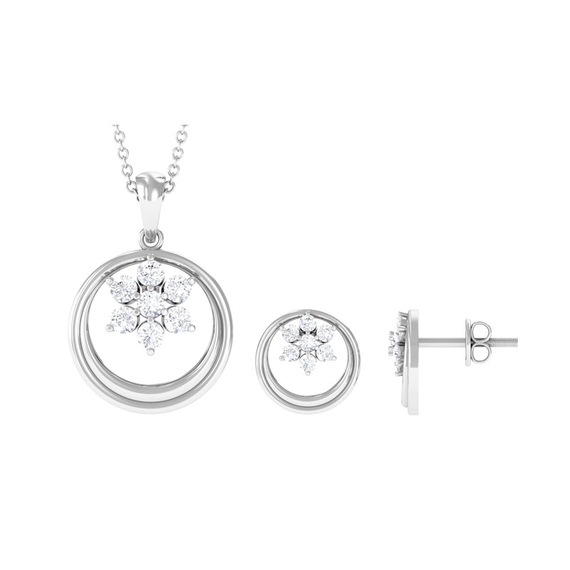1 CT Real Diamond Floral Pendant Necklace and Stud Earring Set