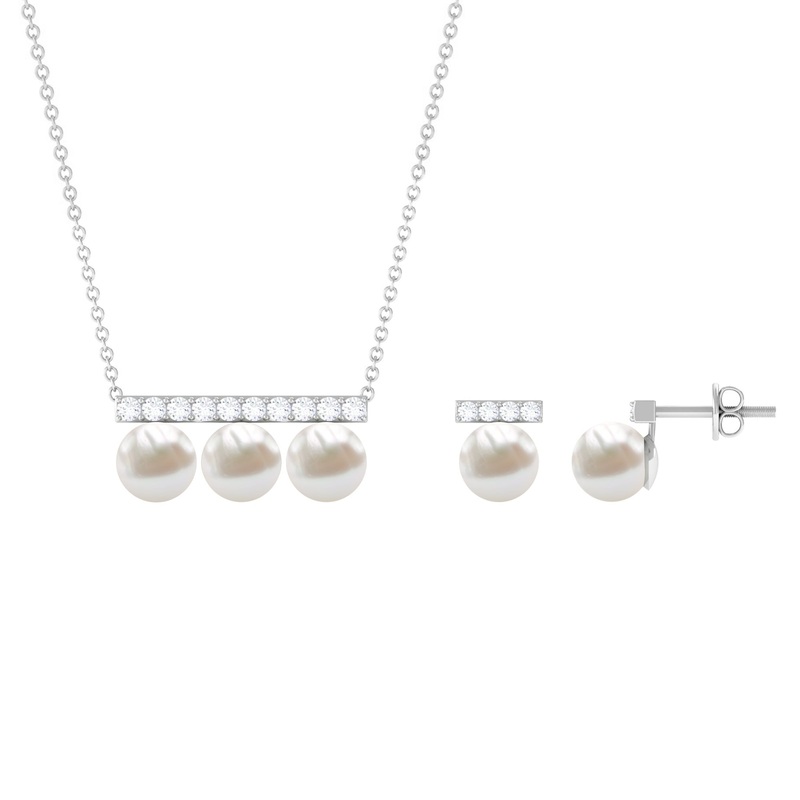 11.75 CT Freshwater Pearl Classic Three Stone Bar jewelry Set with Diamond