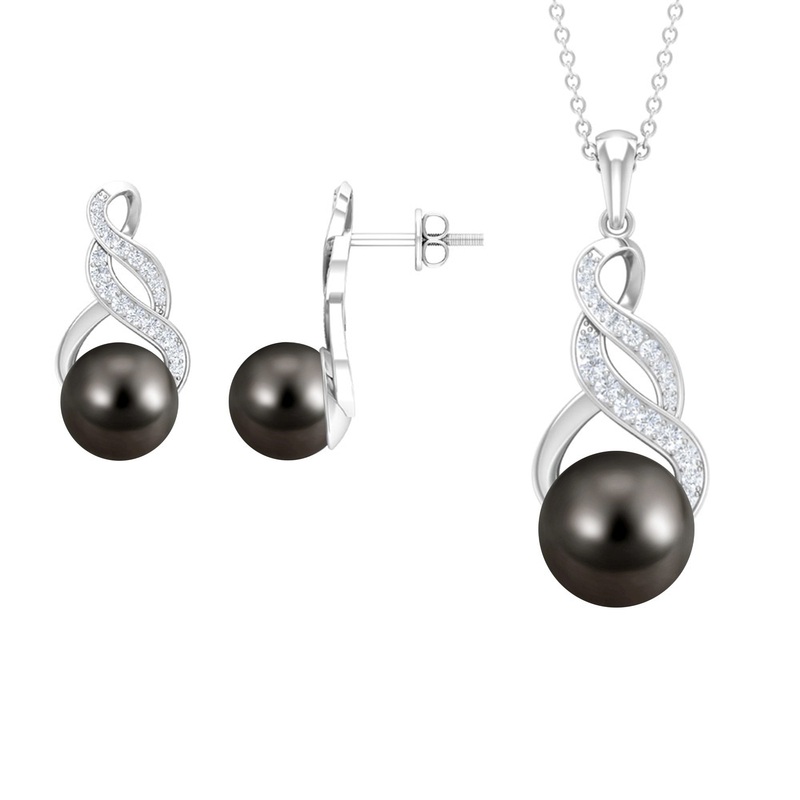 24.25 CT Natural Tahitian Pearl Bridal Infinity Drop Jewelry Set with Moissanite