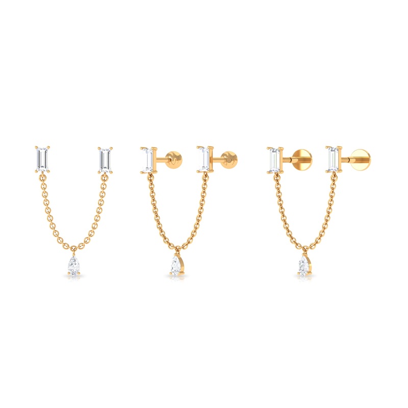 Certified Moissanite Double Piercing Earring with Dangling Chain