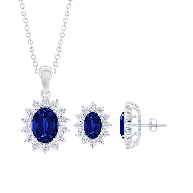 Classic Oval Cut Created Blue Sapphire and Moissanite Halo Jewelry Set