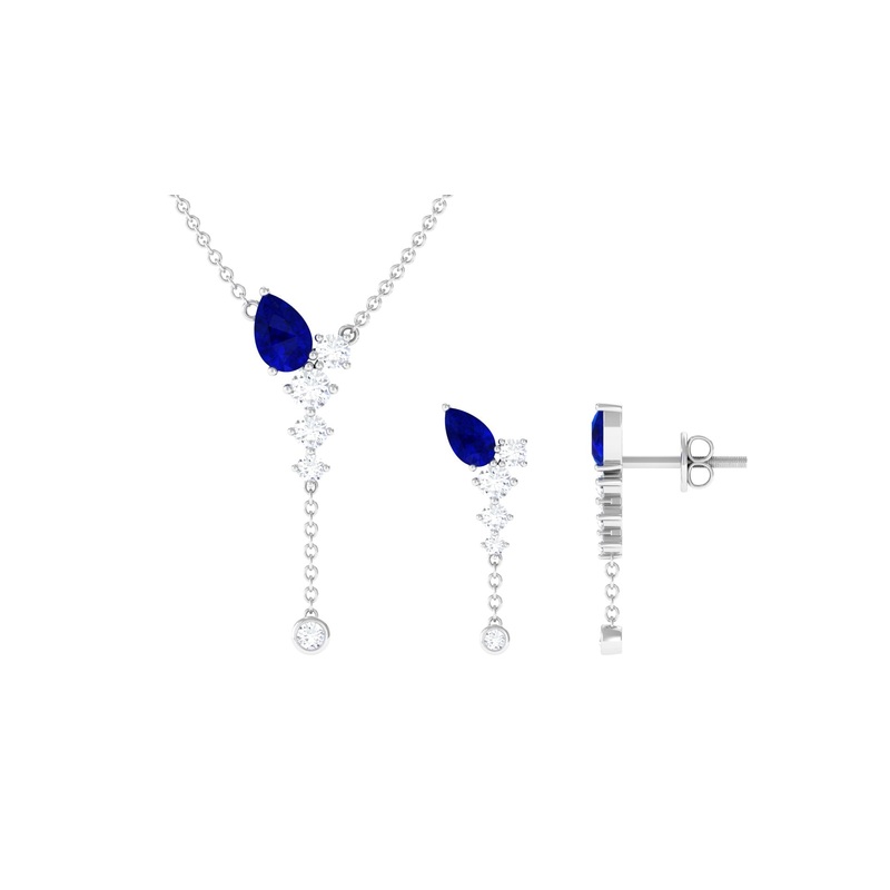 Minimal Created Blue Sapphire Dangle Necklace and Earrings Set with Diamond