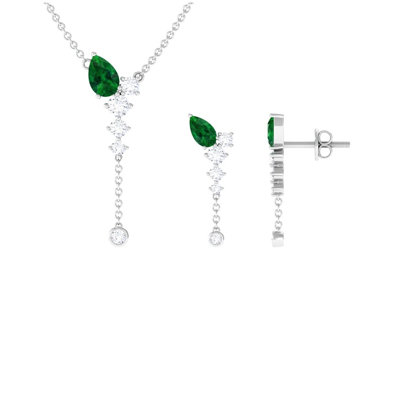 Minimal Created Emerald Dangle Necklace and Earrings Set in Gold with Moissanite