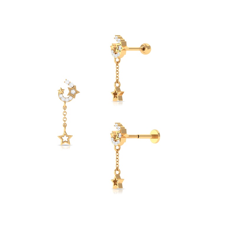 Moissanite Moon and Star Chain Drop Earring for Helix Piercing