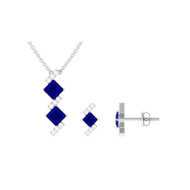 Princess Cut Created Blue Sapphire Modern Jewelry Set with Diamond