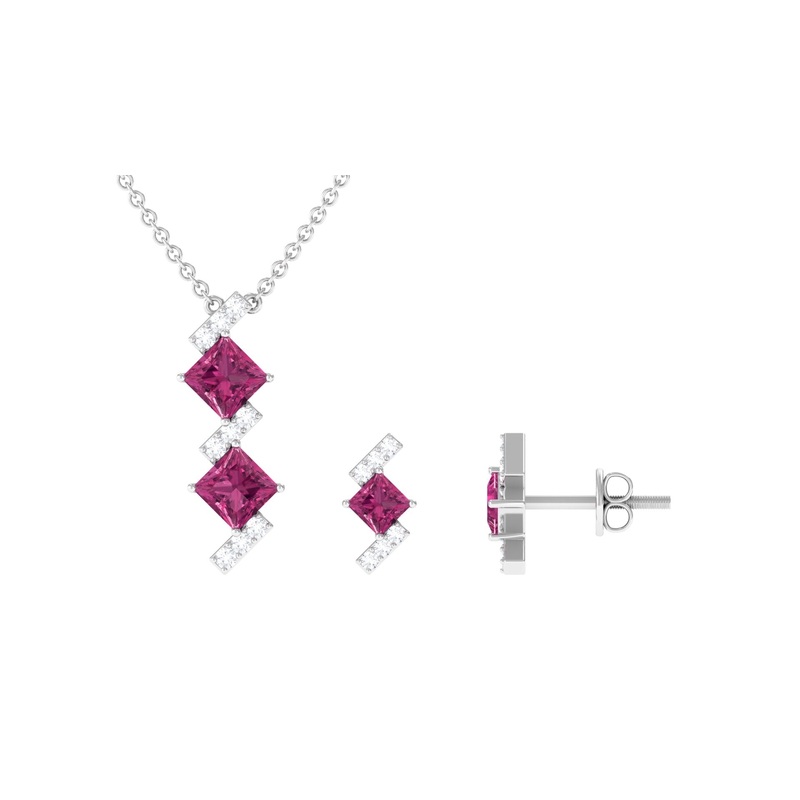 Princess Cut Pink Tourmaline Modern Jewelry Set with Diamond