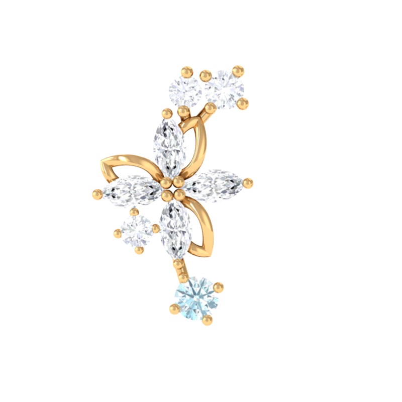 Real Aquamarine and Moissanite Flower Crawler Earring