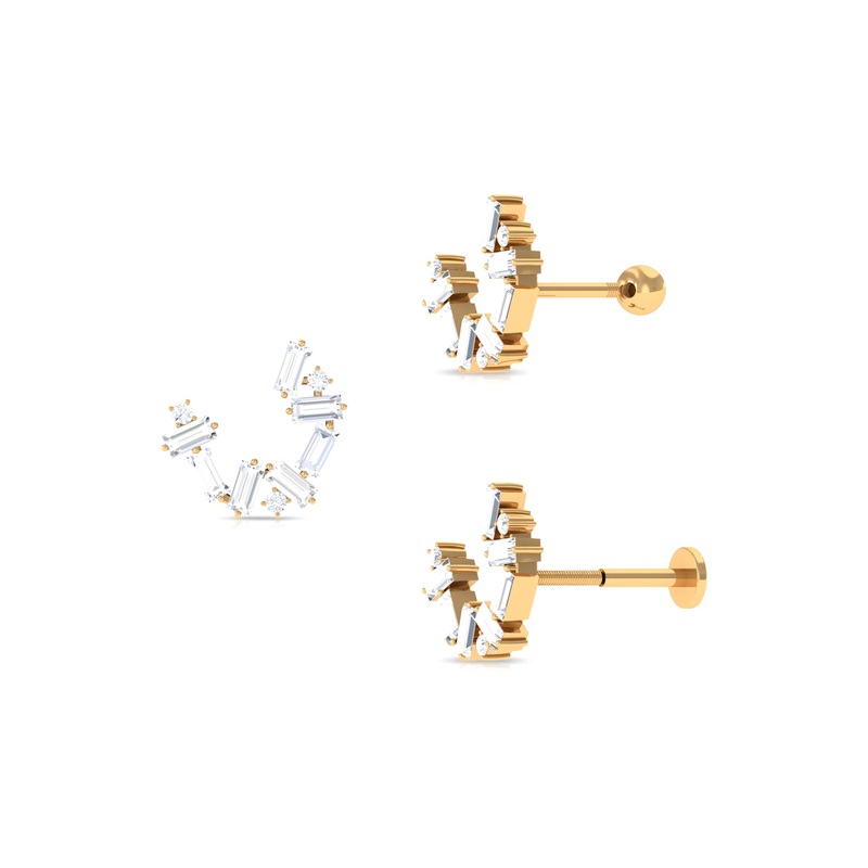 Baguette and Round Moissanite Unique Helix Earring