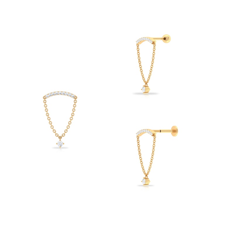 Moissanite Curved Bar Chain Dangle Earring in Gold