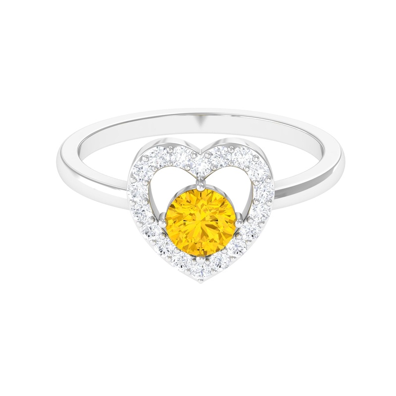 Real Yellow Sapphire and Diamond Halo Heart Ring