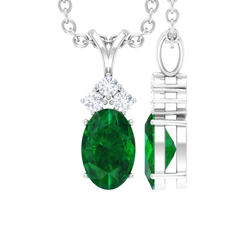 Simple Emerald Oval Pendant Necklace with Diamond Trio