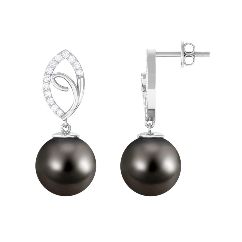 Tahitian Pearl Leaf Drop Earrings with Diamond