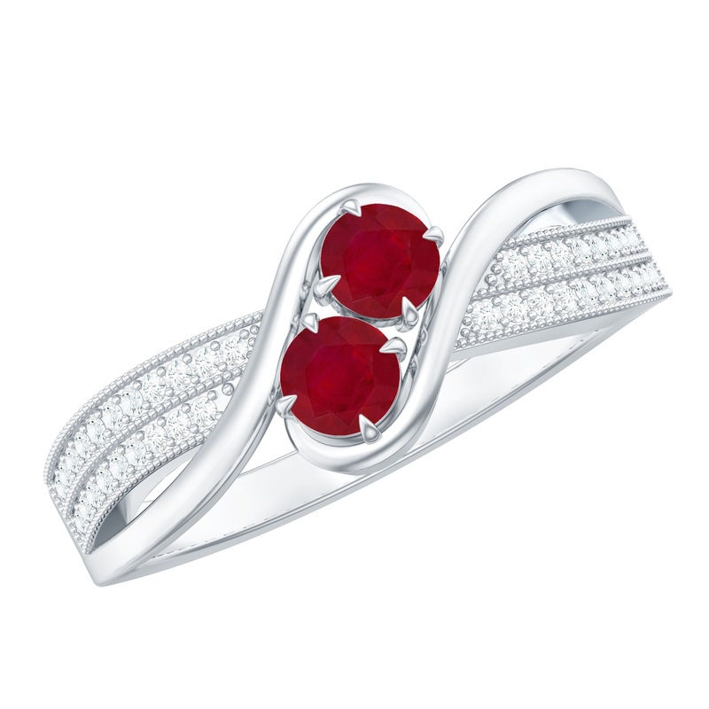 Two Stone Ruby Bypass Engagement Ring with Diamond
