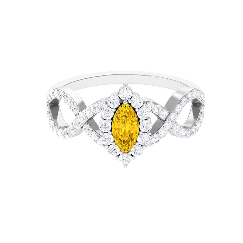 Yellow Sapphire Crossover Engagement Ring with Diamond Halo