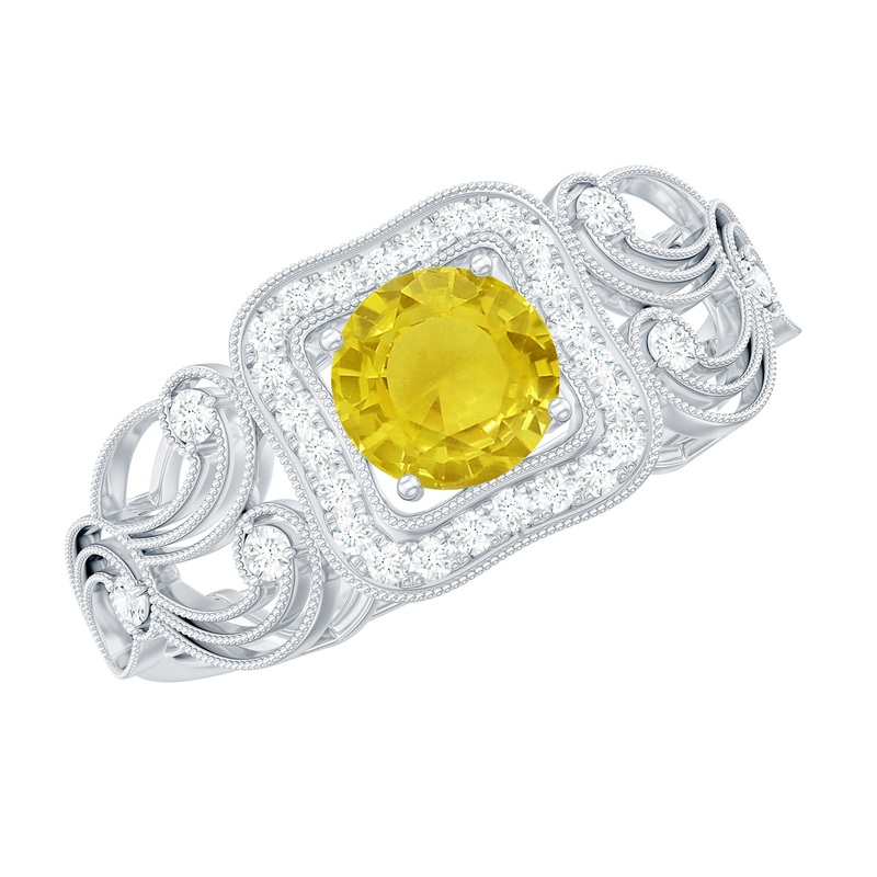 Yellow Sapphire Vintage Engagement Ring with Diamond Halo
