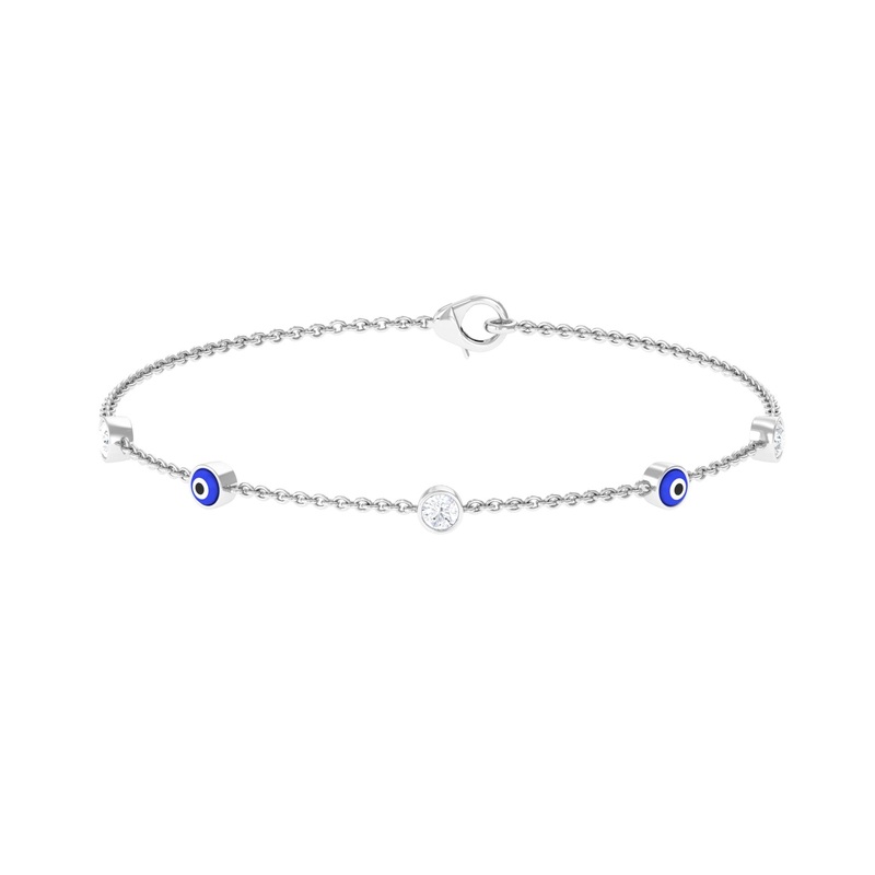 Bezel Set Moissanite and Evil Eye Station Chain Bracelet