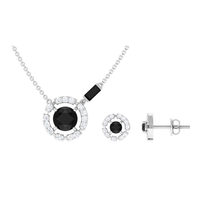 Created Black Diamond and Diamond Halo Necklace Earrings Set