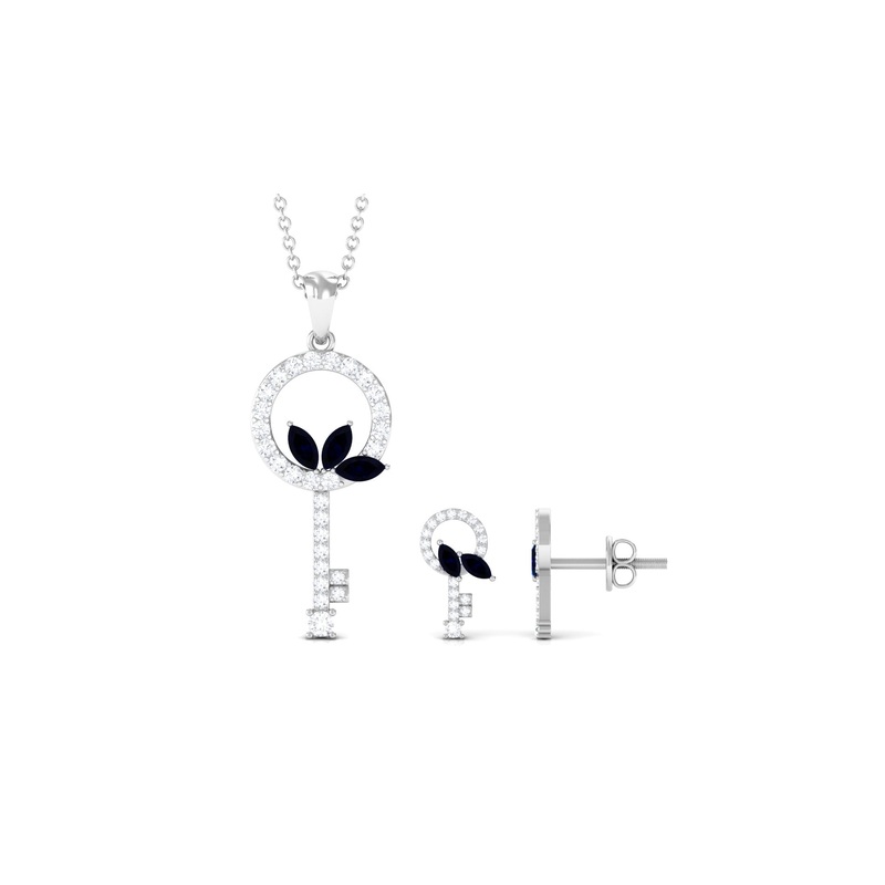 Marquise Cut Blue Sapphire and Diamond Key Pendant and Earrings