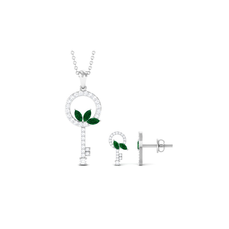 Marquise Cut Emerald and Diamond Key Pendant and Earrings
