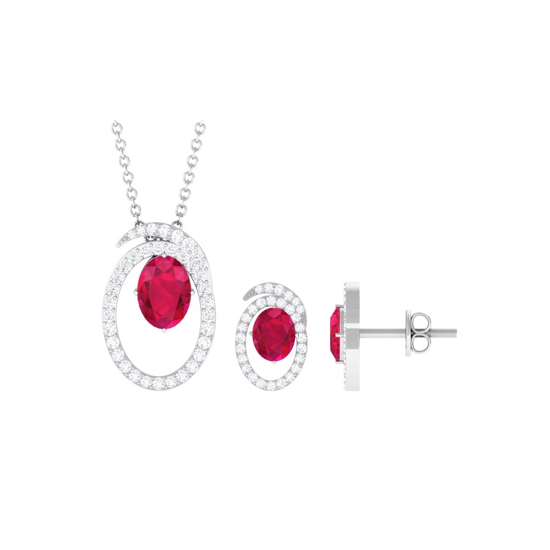 Oval Created Ruby and Moissanite Contemporary Jewelry Set