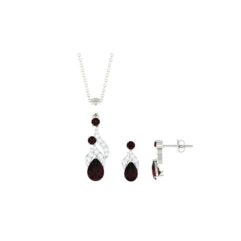 Pear and Round Shape Garnet and Diamond Dangle Jewelry Set