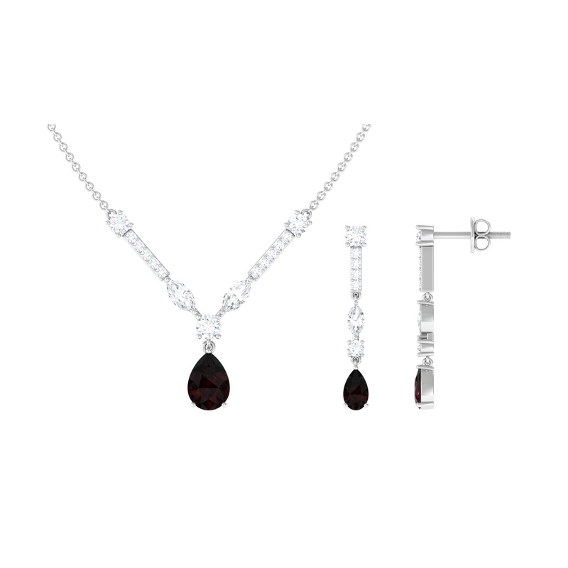 Pear Shape Garnet and Moissanite Drop Jewelry Set