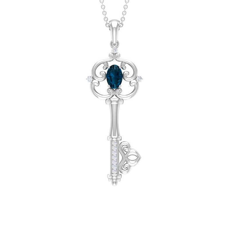 Vintage Key Necklace with London Blue Topaz and Diamond