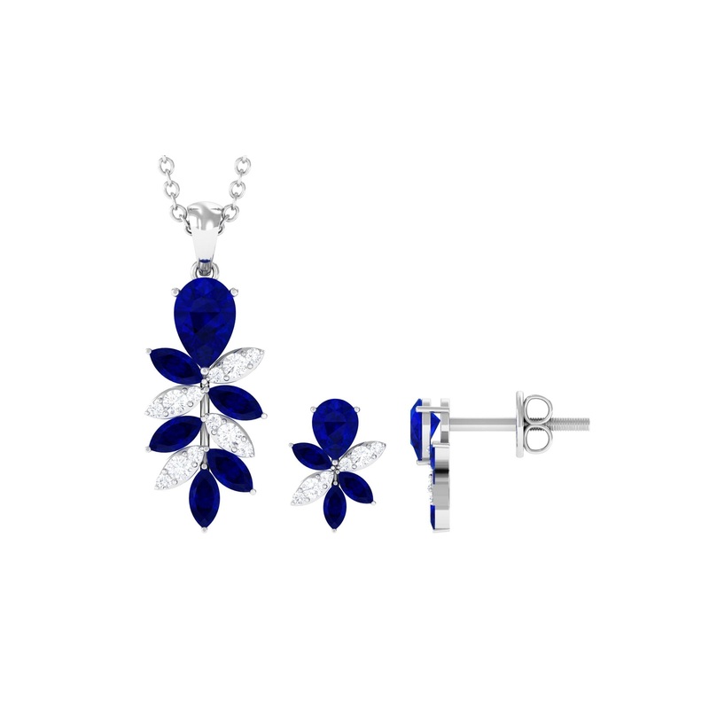 Nature Inspired Created Blue Sapphire Dangle Jewelry Set with Diamond