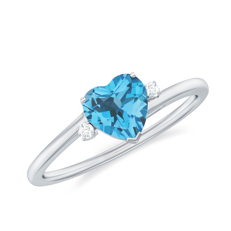 Real Swiss Blue Topaz Heart Solitaire Promise Ring with Diamond