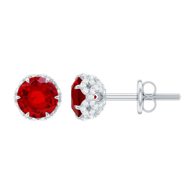 Round Shape Lab Grown Ruby Solitaire Stud Earrings with Diamond Accent