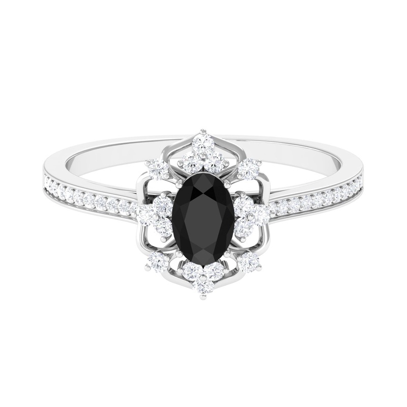 Vintage Inspired Black Spinel Floral Engagement Ring with Diamond