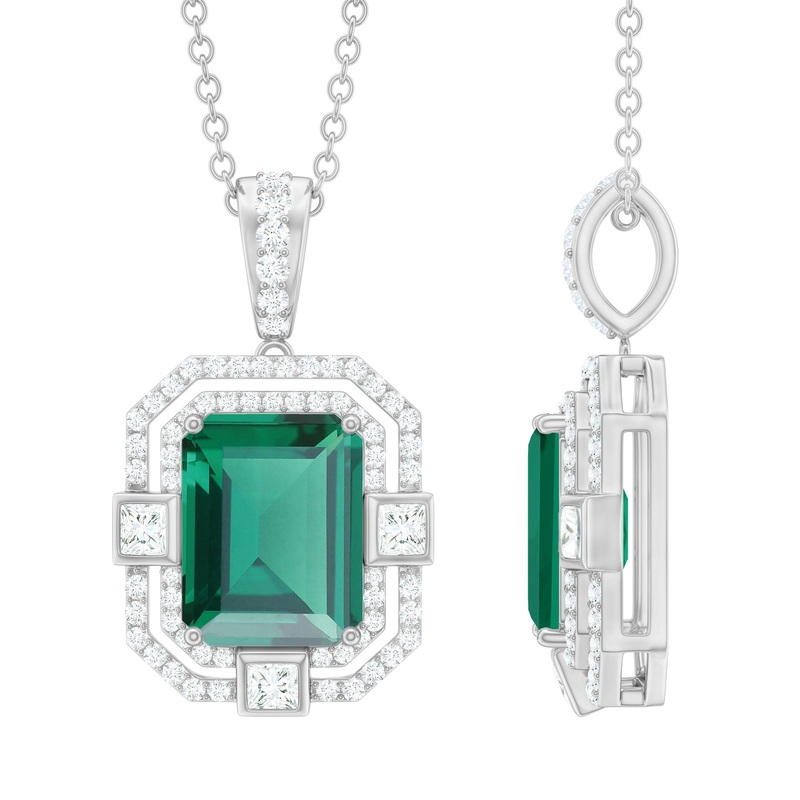 Vintage Inspired Octagon Cut Created Emerald and Moissanite Pendant