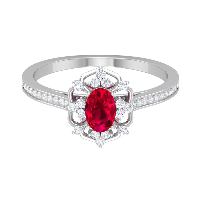 Vintage Style Created Ruby and Diamond Flower Engagement Ring